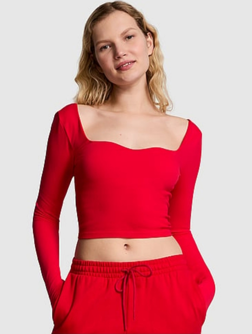 PINK Victoria's Secret Red Long-Sleeve Square-Neck Crop Top